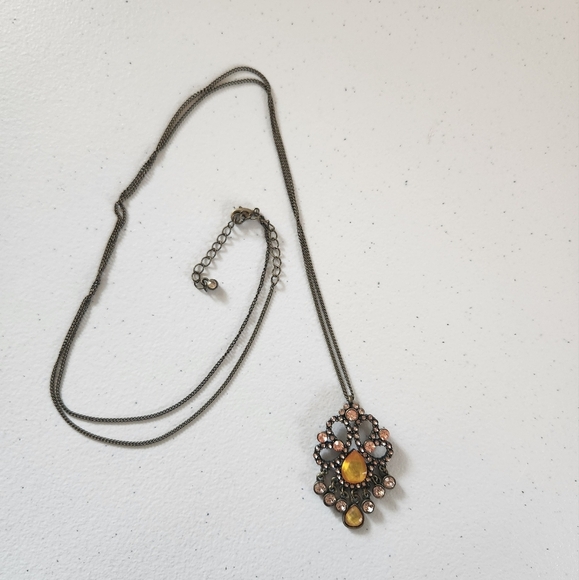 Vintage 90s Brass Tone Ornate Costume Jewelry Pendant Long Necklace Goth Grunge - Picture 1 of 7